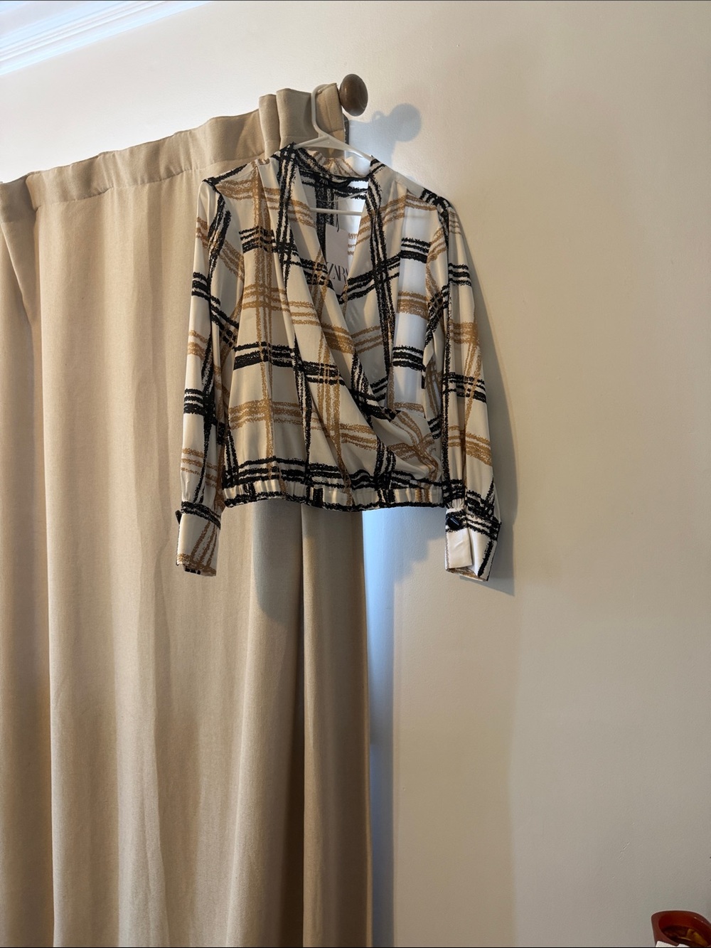 Zara Plaid Wrap Blazer in Cream, Black & Tan